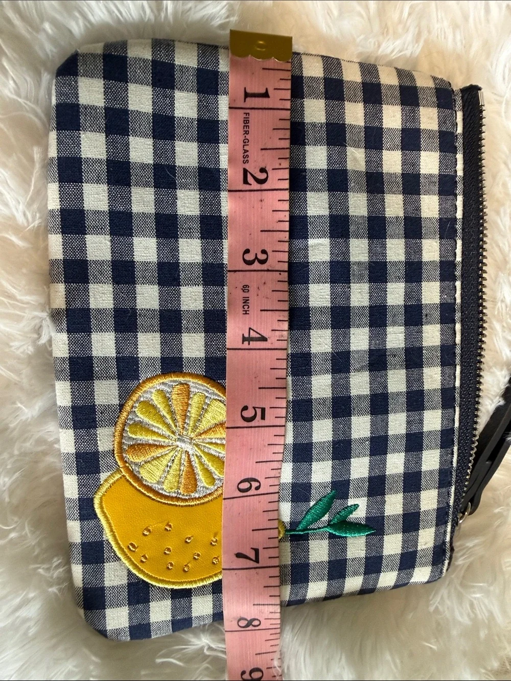Canvas Check Wristlet Pouch with Yellow Lemon Patch